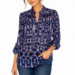 L Dots Sheer Navy Blue Ikat Boho Side Split Flowy All Over Print Blouse Top